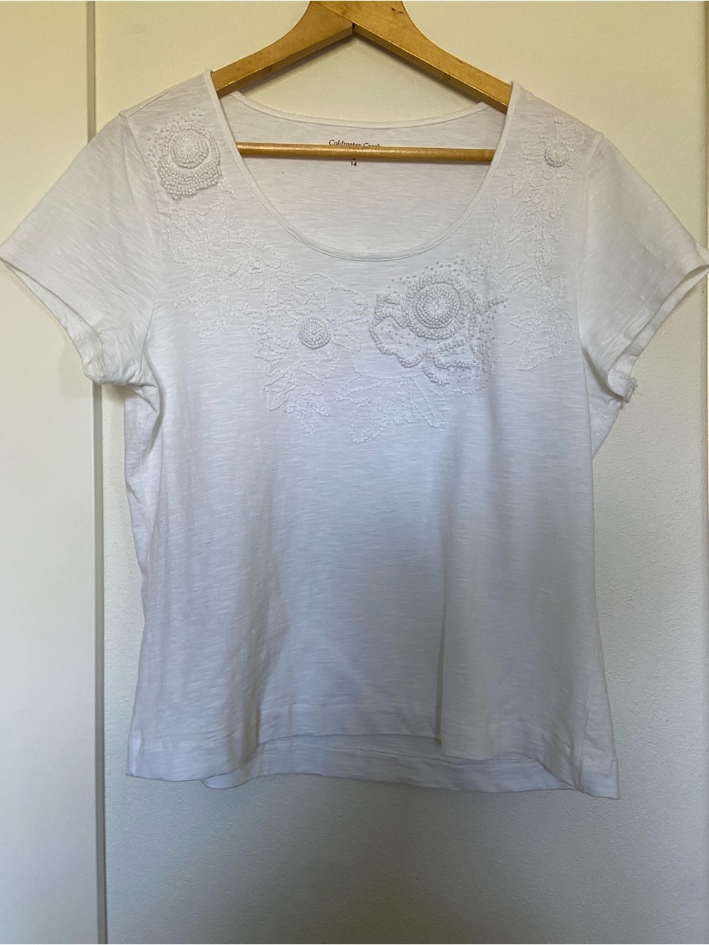 Coldwater Creek White Scoop Neck Embroidered Cotton Tee Size 14